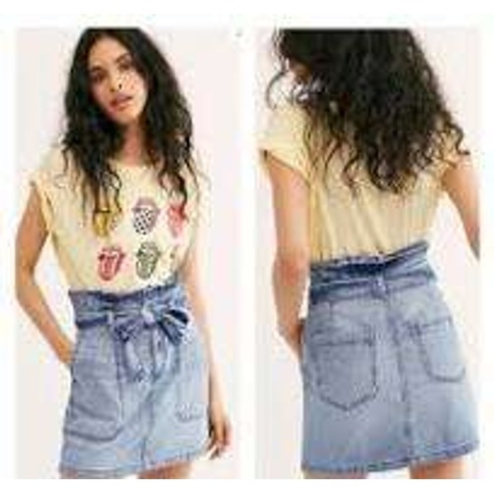 Free People Paperbag Denim Mini Skirt Blue Sz 8 Belt Boho Y2K High Waisted